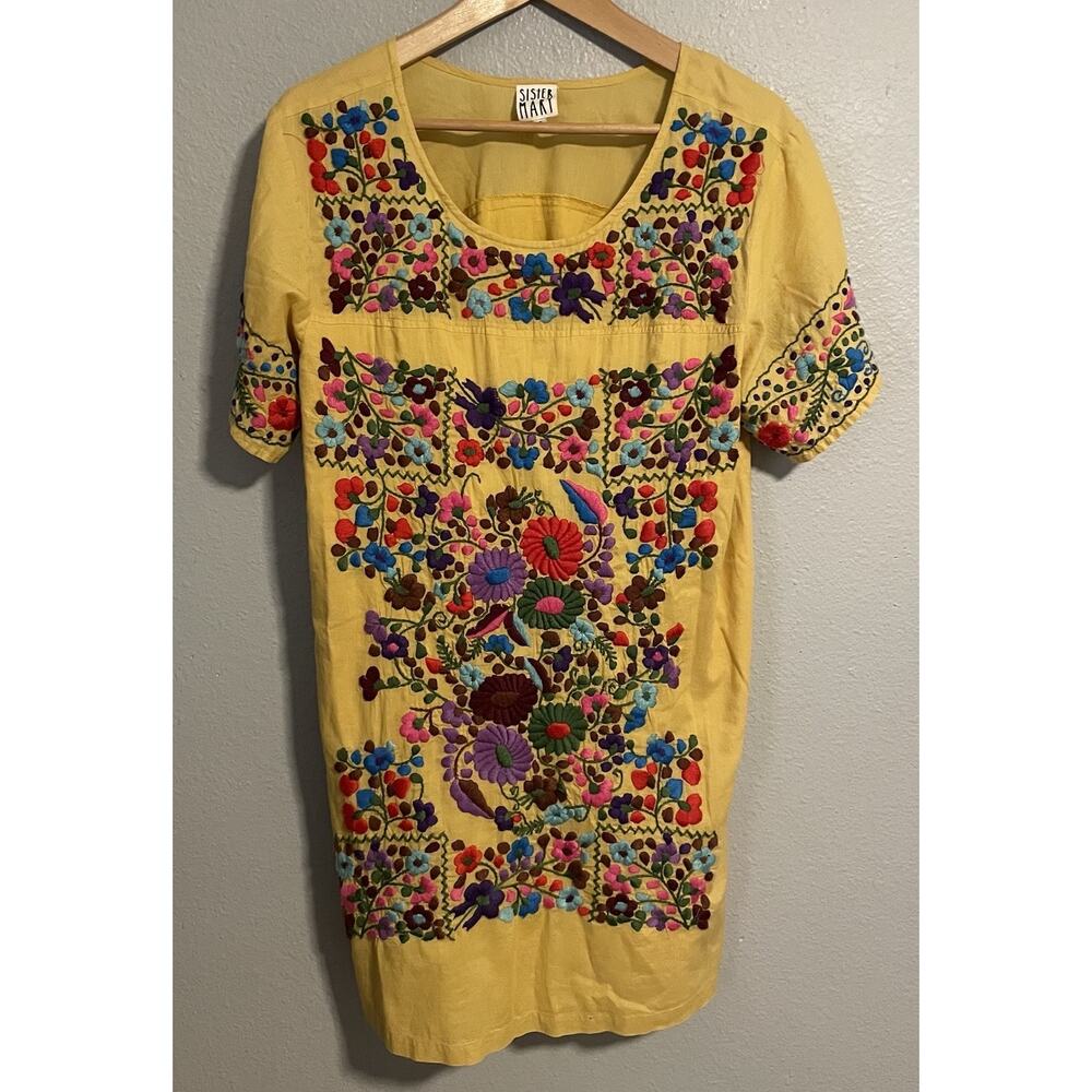 Sister Mary Womens Dress Small Yellow Floral Embroidered Short Sleeve Artsy Boho